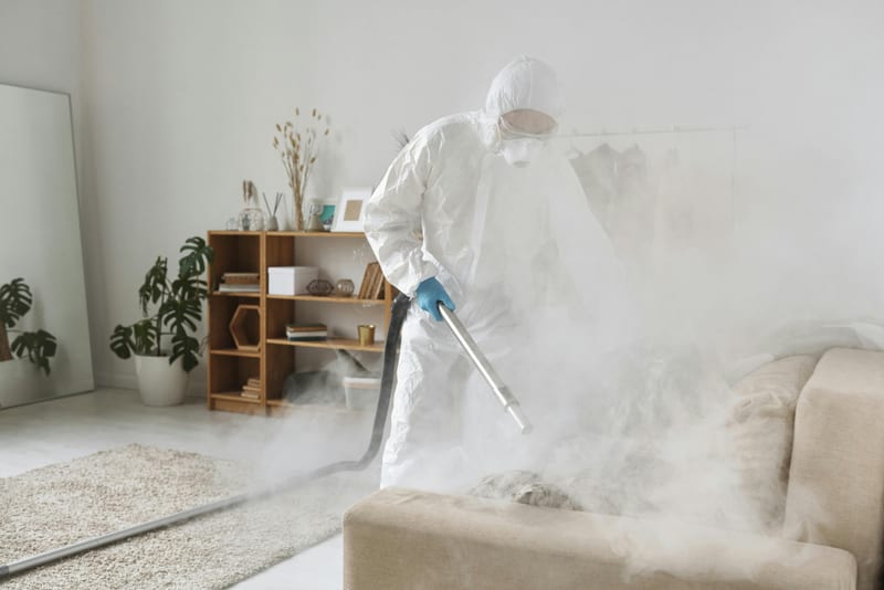 Tratament cu nebulizator pe canapeaua unui apartament, ilustrație preț ploșnițe