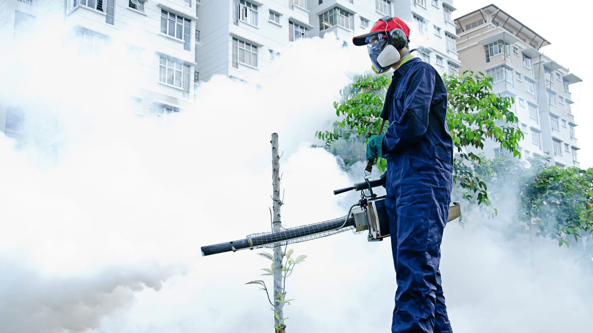 Tratament exterior cu nebulizare pentru combaterea rozătoarelor lângă un bloc rezidențial